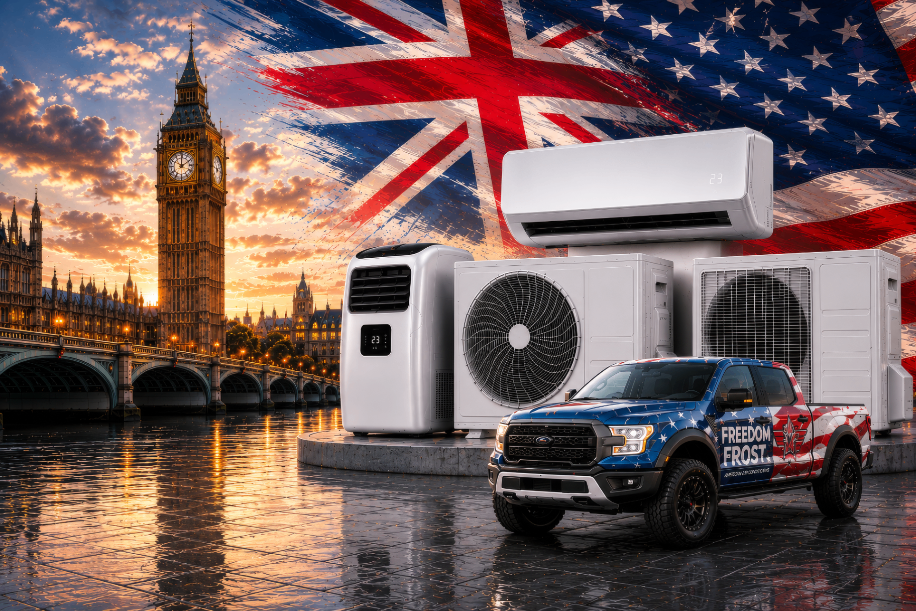 Freedom Frost air conditioning units with American flag, Big Ben and a Freedom Frost American pickup truck and van